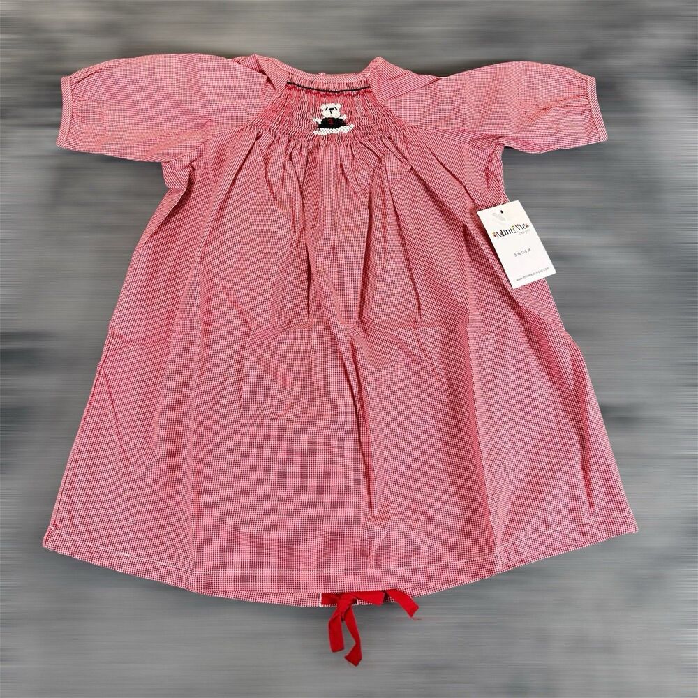 Girls Sz 0-6 SMOCKED Gingham Dress Bull  Dog Fan Embroidery Puff Sl Mini Me NWT